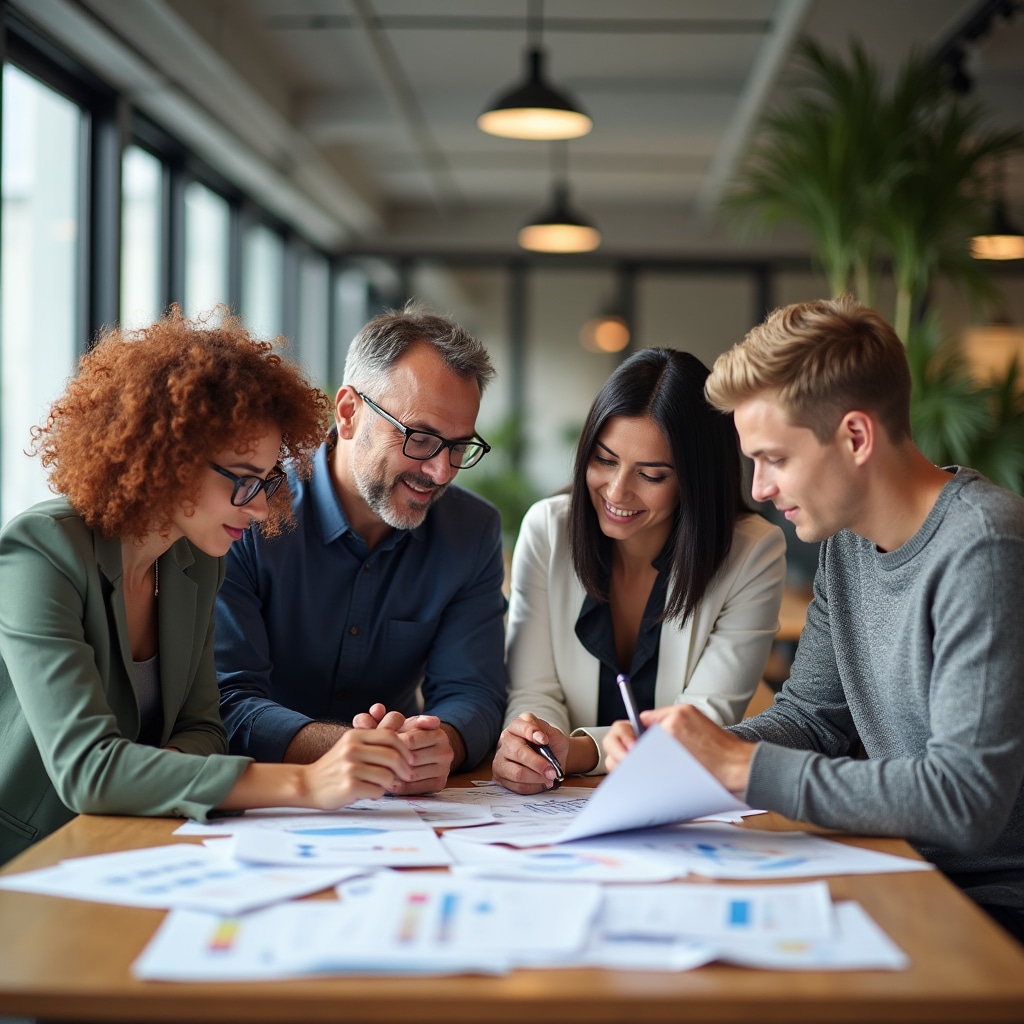 Group of four diverse professionals in their 30s gathered around a table reviewing printed documents and charts in a bright office space