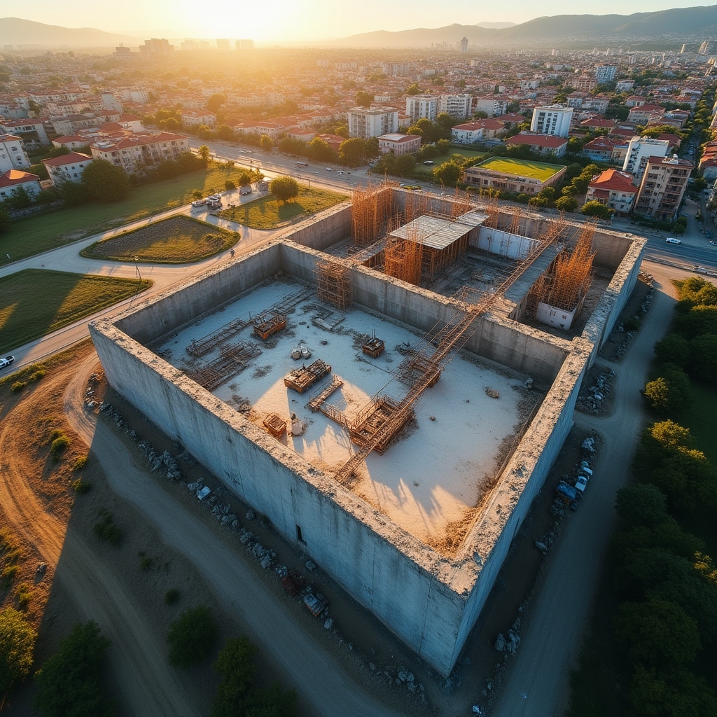 Aerial view of a construction site with building foundations and surrounding urban area in Chilean city landscape