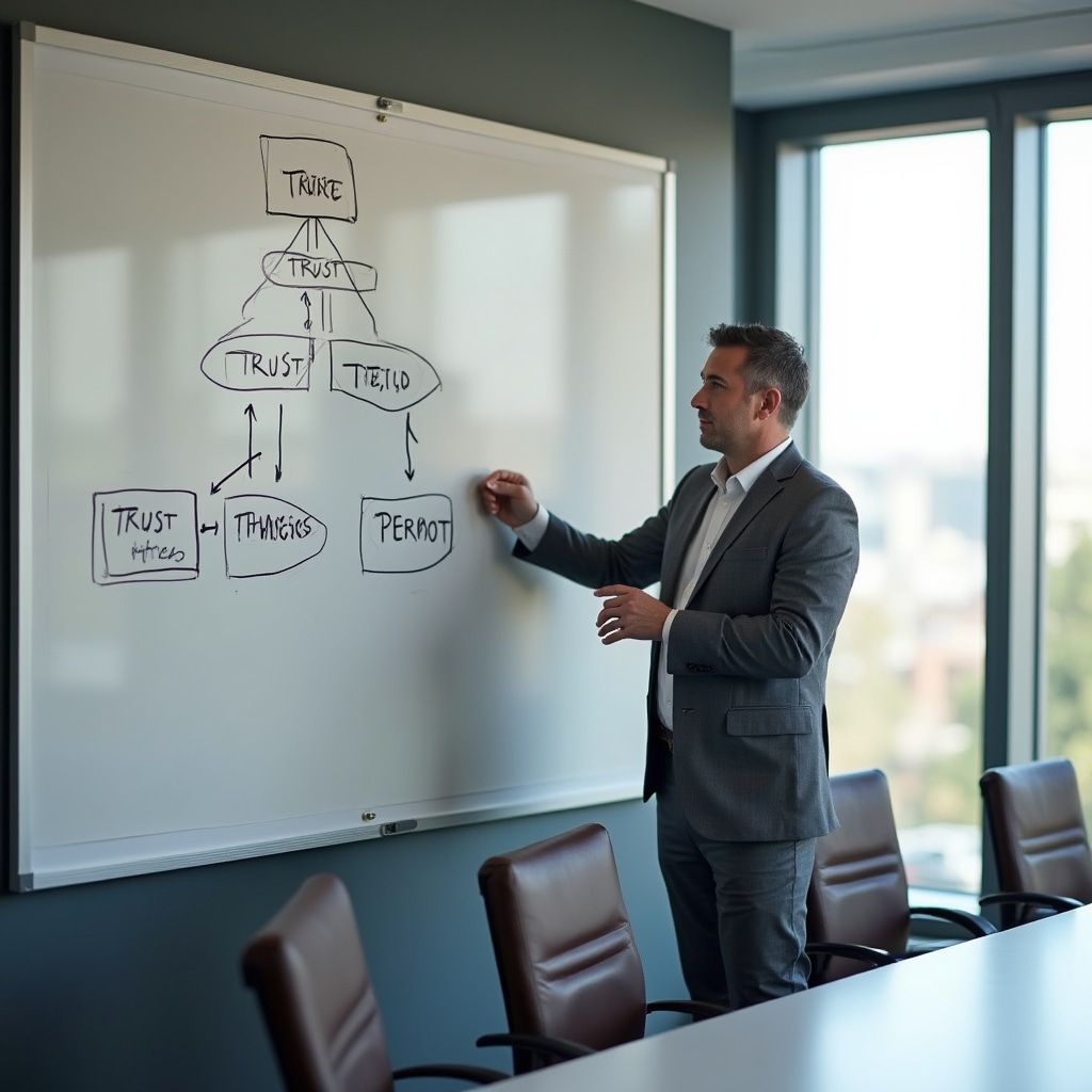 Professional presentation showing a trust structure diagram on a whiteboard in a meeting room with soft lighting