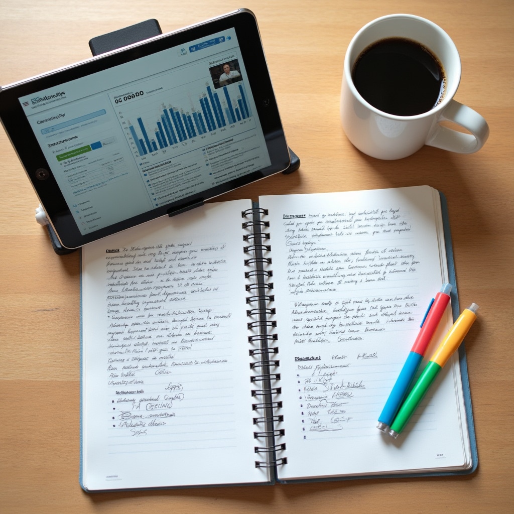 Overhead flat lay of educational materials including printed guides, a tablet displaying a video and a notebook with handwritten notes on a clean wooden desk