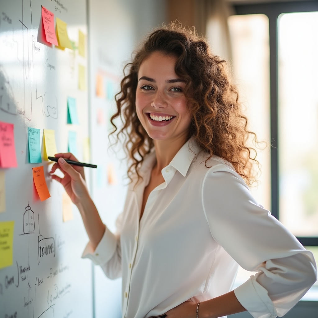 Young woman in her late 20s with curly light brown hair wearing a white blouse, standing near a whiteboard with sticky notes, expressive and approachable
