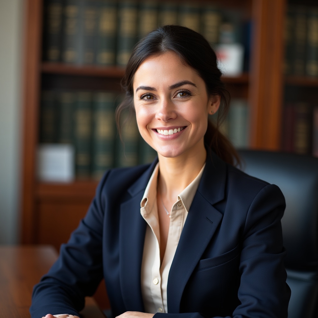 Woman in her late 30s with dark hair wearing a navy blazer, smiling warmly at the camera in a bright office setting