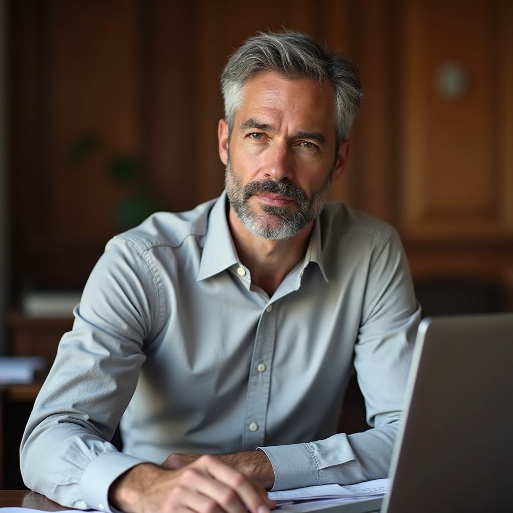 Man in his early 40s with short salt-and-pepper hair wearing a light grey shirt, seated at a desk with papers, looking engaged and professional