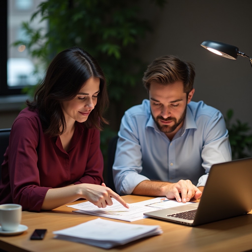 Two professionals, a man and a woman in their 30s, sitting side by side at a desk reviewing printed documents and a laptop screen in a warmly lit office environment