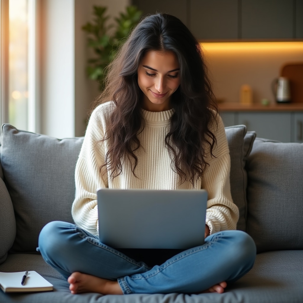 Young woman in her mid-20s with long dark hair sitting cross-legged on a couch with a laptop, reading attentively, wearing casual clothes, warm natural light from a window beside her